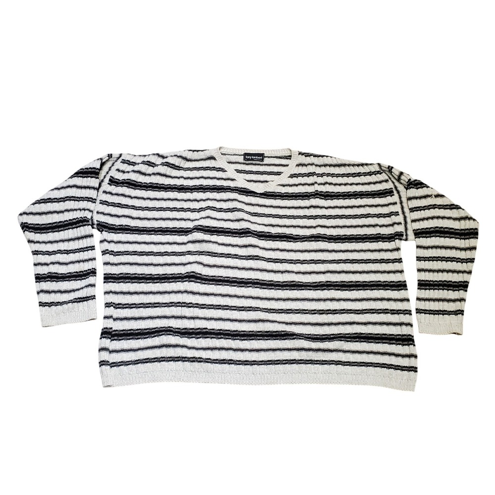 Tony Lambert V‎ Neck Striped Knit Sweater Mens Large Cotton Linen Made USA
